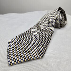 VAN HEUSEN Classic Style 100% Silk Checkered Tie in Blues Gold and Silver